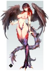 1girls big_breasts mabo9317 monster_girl multicolored_eyes red_hair sharp_claws tail wings