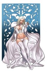 blonde_hair blue_eyes breasts cameltoe cleavage emma_frost female female_only hellfire_club large_breasts lingerie marvel marvel_comics oscar_bazaldua panties undressing white_queen x-men