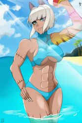 1female 1girls abs beach big_breasts bikini fit_female muscular_female nadia_fortune noize.exe scar skullgirls solo swimsuit thick_thighs