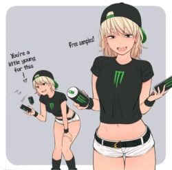 1girls backwards_baseball_cap baseball_cap bending_over blonde_female blonde_hair crop_top daisy_dukes edited fully_clothed kemuri_haku monster_energy monster_energy_can monster_energy_drink not_porn sfw short_hair short_shorts text tomboy