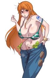 10384719 1girls baggy_pants big_breasts bikini_top breasts female female_only huge_breasts jeans money nami nami_(one_piece) one_piece pubes pubic_hair stray_pubic_hair