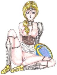 armor blonde_hair blue_eyes braided_ponytail chains edithemad female female half-dressed half_naked looking_at_viewer medium_breasts pussy sandals shield shoulder_guard skirt_lift sophitia_alexandra soul_calibur soul_edge white_background white_skirt