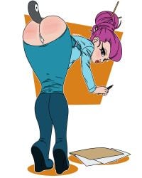 1girls assless_skirt blue_clothing blue_eyes blue_shirt blue_skirt buttplug_tail ear_piercing earrings eye_shadow female female_only hair_bun hair_ornament heeled_boots high_heel_boots high_heeled_boots high_heels jessie_(pokemon) lipstick magenta_hair makeup messy_hair office_clothing paper papers pen pokemon raver1357 spank_marks stud_earrings tight_clothing tight_skirt wedge_heels