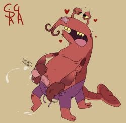 4_legs absurd_res anthro arthropod bandage belly black_eyes bodily_fluids bottomwear brown_background clothing crustacean cum decapod desperation disney ejaculation erection eyestalks genital_fluids genitals grip half-closed_eyes heart_symbol hi_res holding_bottomwear holding_clothing holding_object holding_pants holding_penis leaking_cum lobster lobster_claws lobster_claws_(svtfoe) lobster_tail looking_down looking_pleasured malacostracan male marine masturbation monster narrowed_eyes navel open_mouth orgasm_face overweight overweight_anthro overweight_male pants penis precum red_body signature simple_background slightly_chubby slightly_chubby_anthro slightly_chubby_male solo spots spurting srirachamander star_vs._the_forces_of_evil tail teeth tongue yellow_sclera