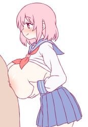 1boy alternate_breast_size alternate_costume ascot blue_sailor_collar blue_skirt blush breasts breasts_bigger_than_head closed_eyes closed_mouth female from_side grabbing_own_breast huge_breasts long_sleeves massive_breasts nipples onkn_sxkn paizuri pink_eyes pink_hair pleated_skirt red_ascot sailor_collar school_uniform serafuku short_hair simple_background skirt smile solo_focus touhou white_background white_serafuku yuyuko_saigyouji