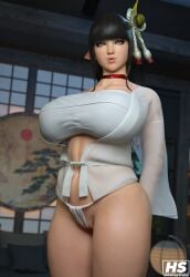 1girls 3d big_breasts black_hair breasts capcom female fundoshi hagiwara_studio hime_cut hinoa huge_breasts long_hair monster_hunter monster_hunter_rise pointy_ears shrine_maiden tagme wyverian