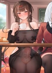 2girls absurdres artificial_vagina black_dress black_thighhighs breasts brown_hair closed_mouth cum cum_on_body cum_on_penis cup dress dsr-50_(girls'_frontline) egg_vibrator erection female_commander_(girls'_frontline) futa_with_female futanari girls'_frontline handjob handjob_under_clothes highres holding holding_cup indoors jacket large_breasts long_hair long_sleeves multiple_girls norza penis red_eyes red_jacket see-through_clothes see-through_dress sex_toy sitting solo_focus table testicles thighhighs uncensored vibrator white_hair