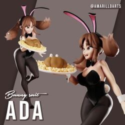 3d ada_(amarilloarts) amarilloarts brown_eyes brown_hair bunny_ears bunny_tail bunnysuit chicken oc tagme