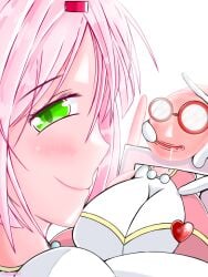 boobzuri-milkuni breasts glasses green_eyes nurse_uniform original pink_hair realiam