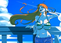 10384719 1girls big_breasts bikini bikini_top breasts female female_only jeans long_hair nami nami_(one_piece) no_sex one_piece orange_hair post-timeskip solo striped_bikini wind