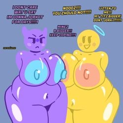 2girls angel_and_devil anthro anthrofied brainrot cringe devil devil_emoji emoji emoji_(race) emojification purple_body purple_skin text touching_breast what yellow_body yellow_skin zeraniumz