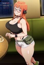 ahoge ai_generated bangs bare_shoulders black_choker black_tank_top blunt_bangs blush breasts choker cleavage coffee collarbone couch crop_top cup female glasses green_footwear grin headphones indoors large_breasts long_hair looking_at_viewer lovehent midriff navel orange_hair persona persona_5 purple_eyes shiny shiny_hair shiny_skin shoes short_shorts shorts smile sneakers solo sports_bra standing table tank_top thighs window wristband