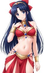 1girls alternate_costume arabian_clothes belly_dancer big_breasts blue_eyes blue_hair breasts busty cleavage hair_ribbon hand_on_chest hand_on_own_chest highres jewelry king_of_fighters large_breasts legs long_hair midriff nakoruru navel ribbon samurai_shodown smile snk solo thighs voluptuous