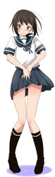 black_hair black_socks blush female fubuki_(kantai_collection) green_eyes kanoe kantai_collection knee_socks kneehighs kneesocks long_hair looking_at_viewer no_panties panties pantyshot pussy school_uniform serafuku socks standing suggestive_fluid underwear