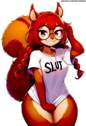 ai_generated bottomless brown_fur cute cute_face eternal_oak furry furry_female glasses horny horny_female mabel_maplebottom red_eyes red_hair slut squirrel text_on_topwear thick_glasses twin_braids