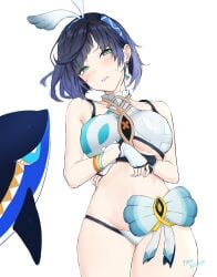 1girls bikini bikini_bottom bikini_top blue_hair blush breasts breasts curvy_body female female female_focus female_only fingerless_gloves genshin_impact hoyoverse mihoyo mualani_(genshin_impact) nipple_bulge underboob yelan_(genshin_impact)