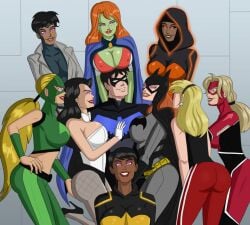 1boy 9girls @_@ animated arrowette artemis_(dc) artemis_crock ass barbara_gordon batgirl big_ass big_breasts black_hair blonde_hair breast_press breasts bumblebee_(dc) cassandra_sandsmark cassie_sandsmark cissie_king dc dc_comics dick_grayson gabrielle_daou gif halo_(dc) harem hypnosis hypnotic_eyes karen_beecher large_ass large_breasts mind_control miss_martian nightwing polmanning raquel_ervin red_hair rocket_(dc) self_hypnosis slave slavegirl tagme wonder_girl young_justice zatanna