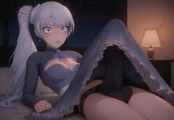 ai_generated balls blue_eyes bulge bulge_through_clothing civitai erect_penis erection erection_under_clothes erection_under_skirt futanari hi_res laying_down long_penis looking_at_penis panties pitching_a_tent rwby upskirt weiss_schnee white_hair