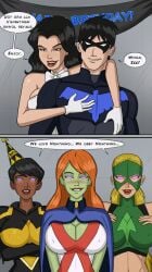 1boy 4girls @_@ animated artemis_(dc) artemis_crock big_breasts biting_lip black_hair blonde_hair breasts bumblebee_(dc) dc dc_comics dick_grayson drool female gif hypnosis hypnotic_eyes karen_beecher large_breasts male mind_control miss_martian nightwing polmanning red_hair tagme young_justice zatanna