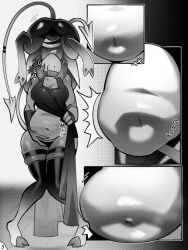 anthro belly big_belly comic dialogue duo female helluva_boss hi_res male male/female millie_(helluva_boss) moxxie_(helluva_boss) oral_vore same_size_vore stomach_bulge vore voremaxx