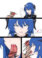 ... 1boy 1girls arknights artist_request black_horns black_jacket blue_eyes blue_hair censored close-up demon_girl demon_horns fellatio female from_side hair_between_eyes heart highres horns jacket just_the_tip licking licking_penis long_hair looking_at_penis looking_at_viewer male mostima_(arknights) multiple_views open_mouth oral penis saliva sidelocks simple_background smile speech_bubble spoken_heart staring straight tongue tongue_out white_background