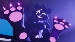 absurd_res anthro bear breasts claws curling_toes epic_games feet foot_fetish fortnite fur genitals glowing glowing_eyes glowing_genitalia glowing_penis glowing_toenails gynomorph hi_res hood intersex looking_at_viewer mammal nipples pawpads paws penis purple_body purple_fur purple_skin raven_team_leader solo toe_claws toes wasplit