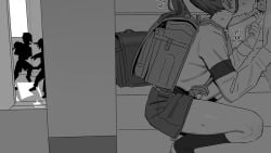 1boy backpack bag barbarian_tk fellatio female greyscale heart kodomo_doushi long_hair monochrome oral original paid_reward_available ponytail randoseru school squatting straight sweat testicles