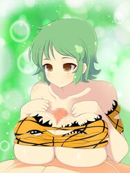 bare_shoulders blush breast_squeeze breasts censored cleavage clothed_female_nude_male collarbone female green_hair highres hikage_(senran_kagura) huge_breasts joutarou looking_away lying mosaic_censoring paizuri penis senran_kagura shiny shiny_skin short_hair simple_background solo_focus yellow_eyes