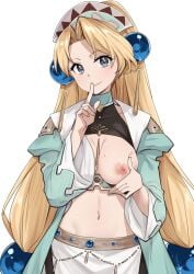 atelier_(series) atelier_marie big_breasts blonde_hair blue_eyes breasts breasts_out closed_mouth clothes_pull female finger_to_mouth highres index_finger_raised large_breasts long_hair long_sleeves looking_at_viewer marlone midriff morisobo navel nipples one_breast_out presenting seductive_smile shushing simple_background smile solo sweat white_background