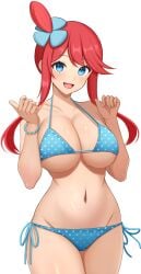 bikini blue_bikini blush large_breasts open_mouth pokemon pokemon_bw polka_dot_bikini skyla_(pokemon) smile