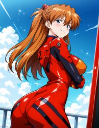 1girls ai_generated alternate_breast_size ass ass_focus asuka_langley_sohryu big_breasts huge_breasts large_breasts neon_genesis_evangelion shiny_clothes shiny_hair steak_ai tagme