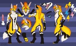 absurd_res animal_genitalia anthro canid canine fox genitals hi_res kinsheph knot lightning_bolt male male/male mammal model_sheet sheath solo thunder_fox yellow_body