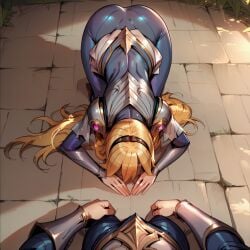 1boy 1girls ai_generated all_fours apologizing armor ass blonde_hair bodysuit dogeza faceless_male head_on_floor kneeling league_of_legends luxanna_crownguard