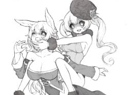 2girls alternate_costume big_breasts black_hair black_sclera braid breasts clenched_teeth colored_sclera flower glowing glowing_eyes grimms_echoes hand_up hat hat_flower huge_breasts large_breasts leotard long_hair monochrome multiple_girls open_mouth ryona shaded_face simple_background teeth twintails upper_teeth_only vignette_(artist) void_gerda_(grimms_echoes) void_white_rabbit_(grimms_echoes) white_background wrestling