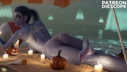 3d 3d_(artwork) beach blizzard_entertainment diescope feet female female_focus female_only halloween medium_breasts outside overwatch overwatch_2 panties purple_skin running_mascara runny_makeup see_through_bra soles tattoo toes widowmaker