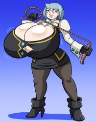 arousal aroused barely_visible_genitalia barely_visible_pussy blue_eyes blue_hair cleavage gyakuten_saiban huge_breasts karuma_mei karuma_mei looking_at_viewer masochism prinnydood revealing_clothes whip