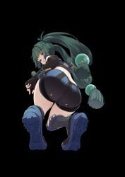 1girls android ass ass_focus bubble_ass bubble_butt dumptruck_ass green_eyes green_hair hi_res low-angle_view qingyi_(zenless_zone_zero) robot robot_girl solo squatting zenless_zone_zero