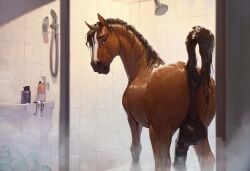 ai_generated animal_genitalia animal_penis anus ass balls big_penis bodily_fluids brown_body dino2k equid equine equine_penis feral fur genitals horse looking_at_viewer looking_back male mammal penis poor_quality presenting presenting_anus puffy_anus raised_tail shower shower_room showering soap solo solo_focus wet wet_balls wet_body wet_fur wet_penis zoophilia