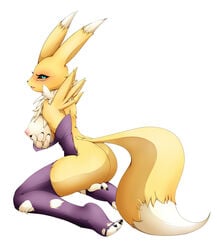 ass big_breasts black_sclera blush breast_grab breast_squish breasts chest_tuft clothing digimon elbow_gloves female fur furry furry_only gloves green_eyes lalox legwear nipples plain_background renamon solo thigh_highs torn_clothing tuft white_fur yellow_fur