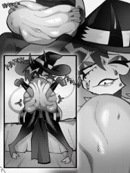 after_vore anthro belly big_belly bodily_fluids comic dialogue digestion duo female helluva_boss hi_res male male/female millie_(helluva_boss) moxxie_(helluva_boss) oral_vore same_size_vore speech_bubble stomach_bulge sweat vore voremaxx