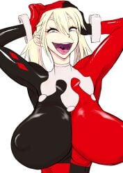 blonde_hair blue_eyes breasts color female female_only hands_on_head harley_quinn harley_quinn_(classic) hecha huge_breasts nipples_visible_through_clothing smile tight_clothing