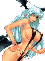 astroguy2 bat big_breasts bikini blue_hair breasts capcom clothing darkstalkers female hair happy humanoid looking_at_viewer medium_breasts morrigan_aensland nakamura_yukitoshi nipples one_eye_closed smile solo succubus swimsuit wings