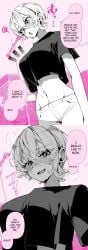 1girls a_boyish_girlfriend_in_high_humidity belly_button blush breast_focus breasts clothed crop_top dialogue english_text fangs female_focus large_breasts manga navel open_mouth original original_character ouchi_kaeru pink_background short_hair solo solo_focus steam sweat tomboy translated