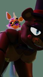 3d anal anthro bright_colors close-up five_nights_at_freddy's fnaf futanari hat lolbit_(fnaf) orange_fur purple_fur rockstar_freddy tongue_out yellow_eyes