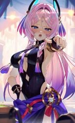 black_clothing blue_eyes blush breasts breasts citlali_(genshin_impact) cleavage drunk fingerless_gloves genshin_impact hoyoverse mihoyo pink_hair scottie_(phantom2) shiny_breasts shiny_clothes