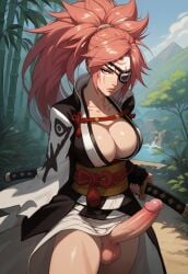 1futa 2d ai_generated baiken balls bamboo bamboo_forest big_breasts big_hair big_penis bottomless cleavage erection eyepatch face_markings facial_tattoo futa_only futanari guilty_gear japanese_clothes katana kemono kimono large_breasts large_penis long_hair looking_at_viewer obi one_arm one_eye one_eye_covered open_kimono outdoors penis_out pink_hair ponytail red_eyes samurai santopati sash scar self_upload solo solo_futa sword tattoo uncensored weapon