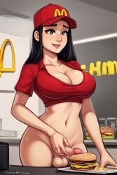 ai_generated black_hair burger food food_play futanari mcdonald's penis_in_food precum tan_skin