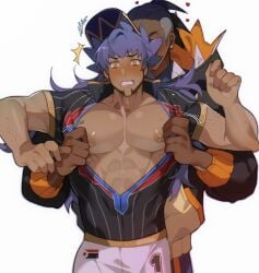 artist_request dark-skinned_male dark_skin gay human human_only leon_(pokemon) male male_focus male_only nintendo pinching_nipples pokemon pokemon_ss raihan_(pokemon)