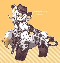 2d blush blushing_at_viewer bra cow_print cow_print_armwear cow_print_bikini cow_print_thighhighs cowboy_hat cowgirl embarrassed embarrassed_female felid felid_humanoid feline feline_humanoid furry furry_female furry_only holding_gun lasso orange_eyes panties revolver rope simple_background text thighhighs torn_clothing torn_thighhighs two_tone_fur