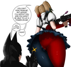 1boy 1girls anus ass assault_rifle batman batman:_arkham_knight batman_(series) big_ass cameltoe dat_ass dc dc_comics female harley_quinn harley_quinn_(arkham) harley_quinn_(arkham_knight) huge_ass kancho large_ass leggings male oddrich pointing skirt speech_bubble standing stealth tied_hair tight_clothes twintails weapon